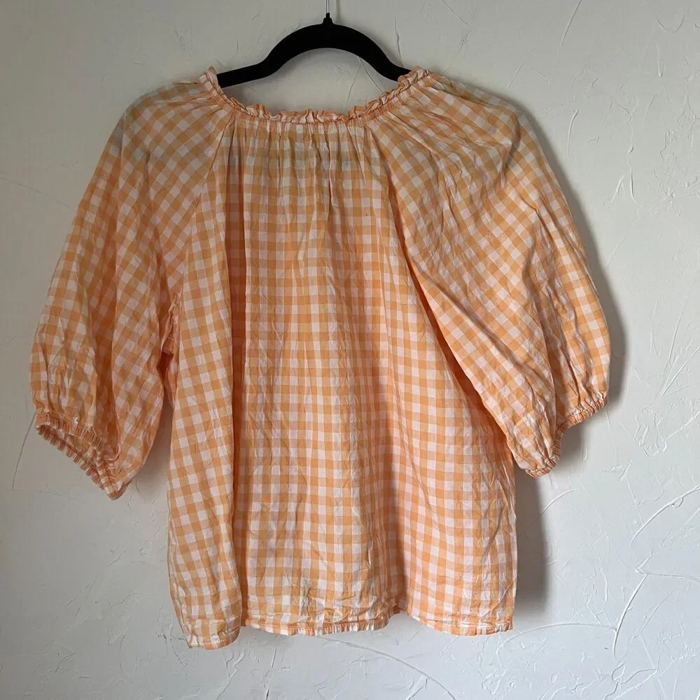 ONLY Old Navy Orange Gingham Peasant Blouse Puff Sleeve Cottagecore‎ Size L Tall